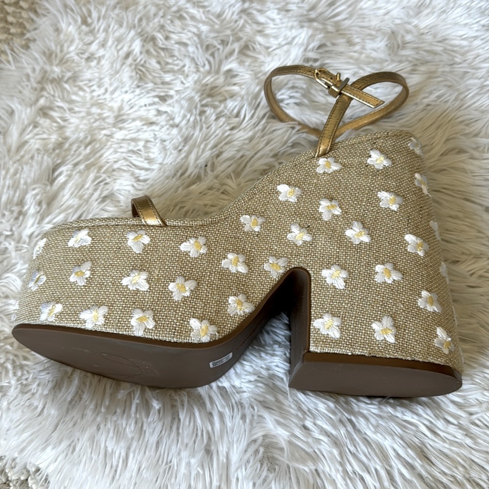 Larroude Wanda Platform Sandals in Gold Leather & Daisy Tan Raffia Rare - Picture 13 of 16